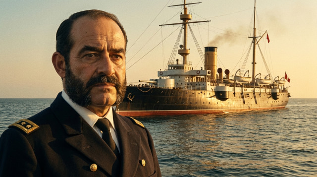 retrato de Miguel Grau en estilo fotográfico clásico, en primer plano, con el mar de fondo y el monitor Huáscar en perfil; luz dorada de tarde como alt text que incluya 'Día de la