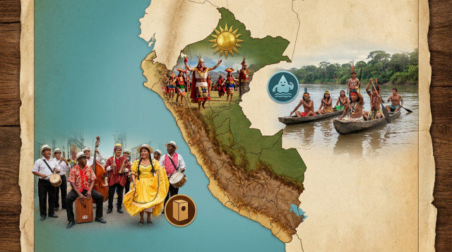 mapa esquemático del Perú señalando regiones (Costa, Sierra, Selva) con íconos que representen Inti Raymi, ritual ribereño y festejo afro, estilo fotomontaje editorial con colores