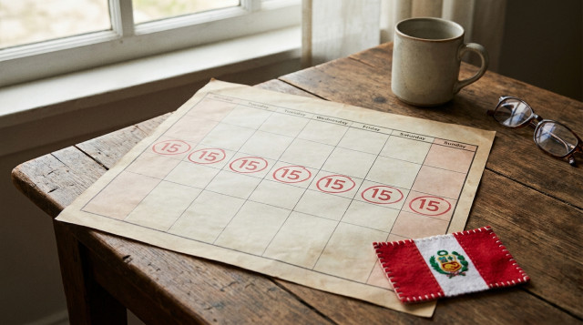 hoja de calendario con la misma fecha resaltada sobre cada casilla de lunes a domingo, colores suaves y un pequeño detalle de la bandera peruana en una esquina