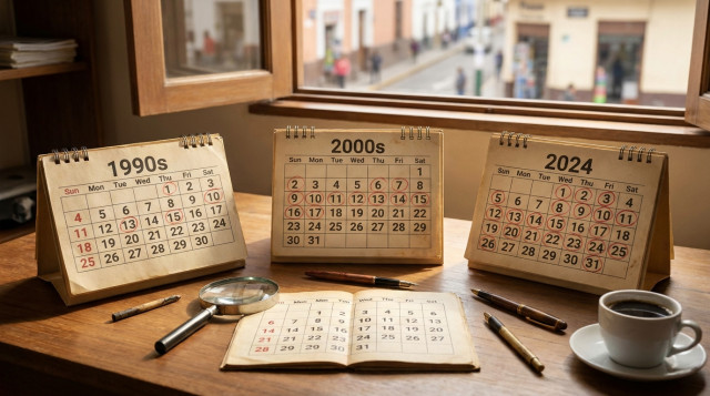 calendario impreso del Perú con feriados marcados para comparar los feriados del Perú por décadas