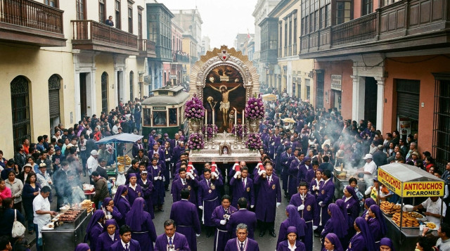 procesión del Señor de los Milagros con el anda decorada y multitud participando en una calle de Lima, resaltando la convivencia entre devoción y espacios urbanos como contexto soc