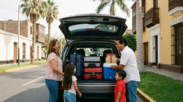 familia peruana cargando el auto en la mañana del viernes 25 de diciembre para un viaje corto en el fin de semana largo de Navidad