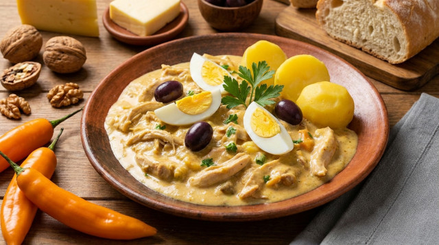 Plato tradicional de ají de gallina peruano con decoración clásica.
