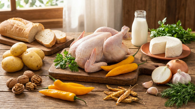 Ingredientes frescos para preparar la receta tradicional de ají de gallina.
