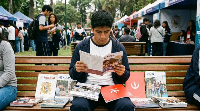 Estudiante peruano analizando folletos de diversas universidades nacionales y privadas en una feria vocacional en Lima