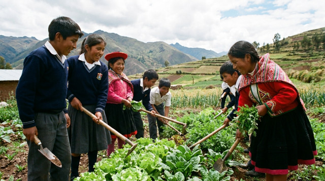 Estudiantes peruanos de primaria trabajando en un biohuerto escolar con herramientas manuales y plantas de hortalizas verdes
