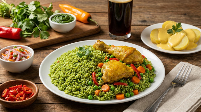plato de arroz con pollo peruano con salsa criolla y papa a la huancaína