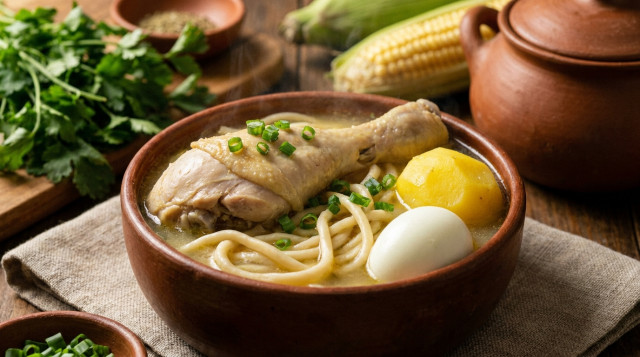 Un plato hondo de caldo de gallina peruano humeante con una presa grande, fideos gruesos, huevo duro y papa amarilla, decorado con cebollita china