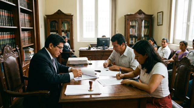 Firma de contrato de alquiler legalizado en notaría peruana.