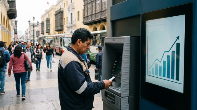 Un trabajador peruano revisando su saldo de CTS en un cajero automático con un gráfico de crecimiento de ahorros al lado
