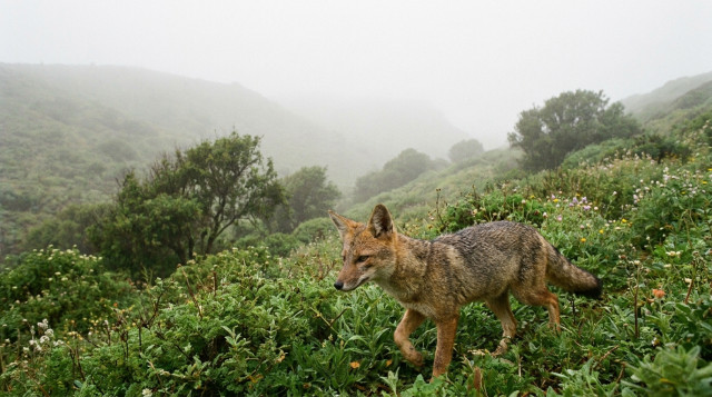 Un zorro costero caminando entre la vegetación verde y la neblina de las Lomas de Lachay