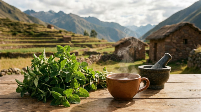 Un manojo de hojas frescas de muña junto a una taza de infusión humeante en un entorno rural de los Andes peruanos