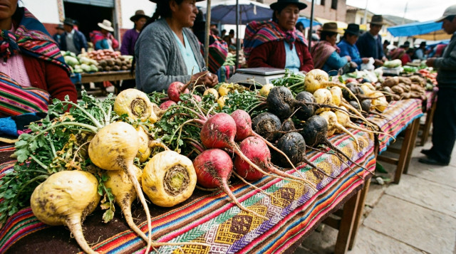 Diferentes tipos de raíces de maca peruana en colores amarillo, rojo y negro dispuestas sobre una manta tradicional andina en un mercado local