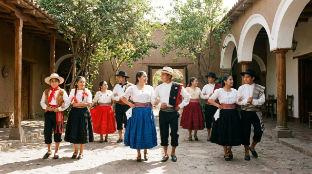 Niños y adultos peruanos practicando una coreografía de marinera norteña en un patio tradicional, mostrando posturas erguidas y expresiones de alegría que reflejan los beneficios d