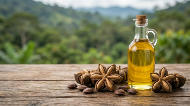 Semillas de sacha inchi en su vaina con forma de estrella junto a una botella de aceite dorado sobre una mesa de madera rústica