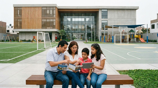 Una familia peruana revisando folletos informativos frente a la entrada de una institución educativa moderna con áreas recreativas visibles