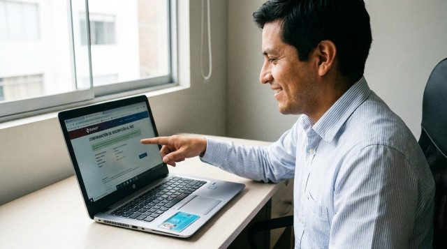 Un profesional peruano frente a su computadora mostrando la pantalla de confirmación de inscripción al RUC de la Sunat con su DNI al lado