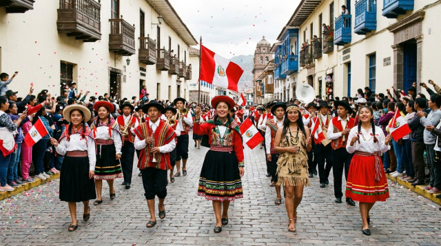 Estudiantes de un colegio peruano desfilando con trajes típicos y banderas durante un pasacalle escolar por Fiestas Patrias