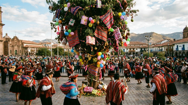Un árbol de yunza decorado con mantas y regalos en una plaza peruana con gente bailando