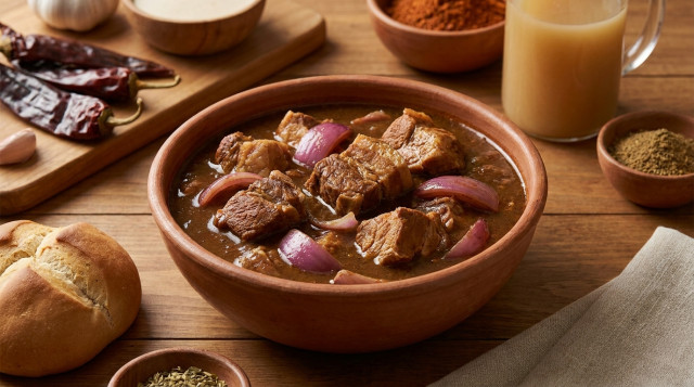 Un plato de adobo arequipeño servido en un cuenco de barro con trozos de cerdo, cebolla roja y caldo espeso, acompañado de pan de tres puntas al lado