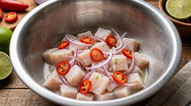 Un primer plano de un bol de acero inoxidable donde se mezcla pescado blanco en cubos con rodajas de ají limo rojo, cebolla roja en pluma y jugo de limón fresco