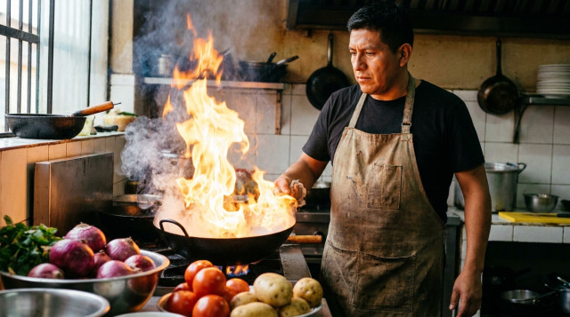 un cocinero flameando carne en un wok para preparar lomo saltado peruano
