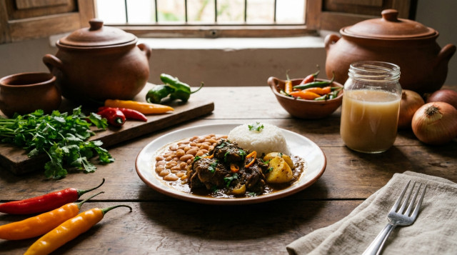 plato de seco de cabrito a la norteña con frijoles y arroz servido en una mesa rústica