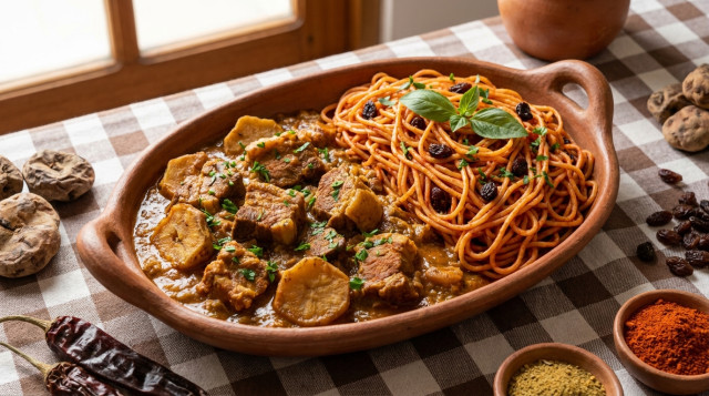 Un plato tradicional de carapulcra con sopa seca chinchana servido en una fuente de barro sobre un mantel de cuadros, con trozos de carne de cerdo y perejil picado