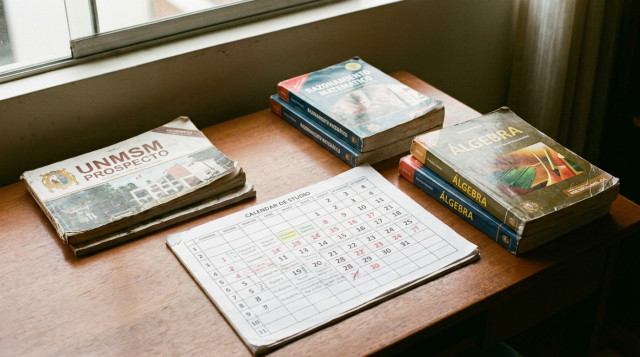 Un escritorio organizado con el prospecto de la UNMSM, un calendario de estudios detallado y libros de razonamiento matemático