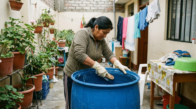 Una persona en un patio peruano escobillando con energía el interior de un cilindro azul de agua para prevenir el dengue