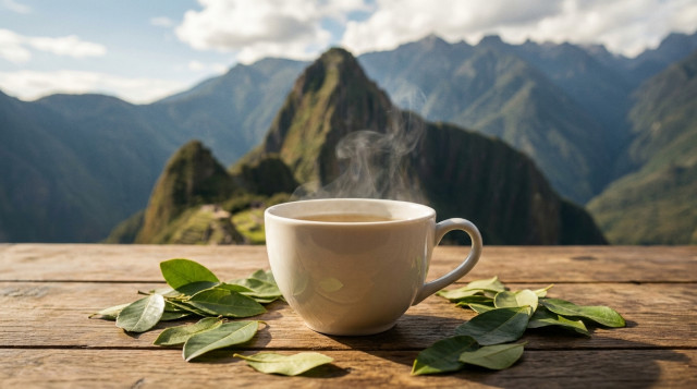 Un primer plano de una taza de mate de coca humeante sobre una mesa de madera rústica, con hojas de coca frescas al lado y un fondo desenfocado de montañas andinas