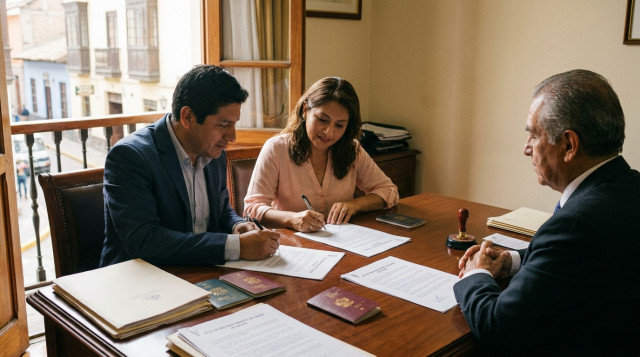 Pareja peruana en una notaría firmando el acta de unión de hecho con documentos legales sobre la mesa