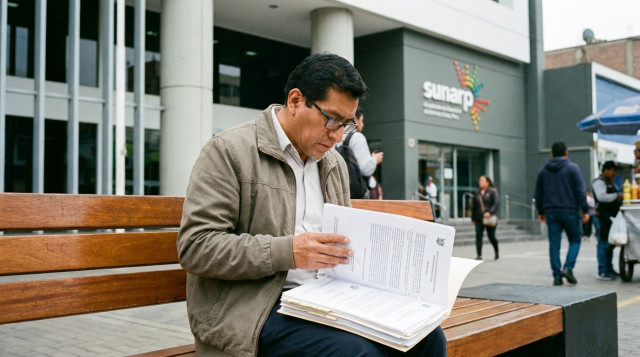 Un ciudadano peruano revisando documentos de propiedad frente a una oficina de la Sunarp con el logo institucional de fondo