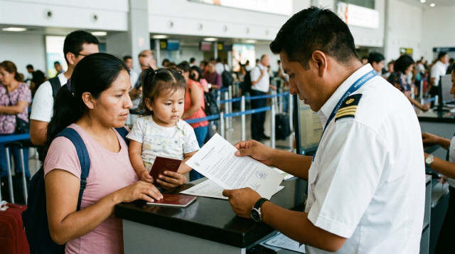 Un oficial de Migraciones en el Aeropuerto Jorge Chávez revisando el permiso de viaje notarial de un menor de edad junto a su madre