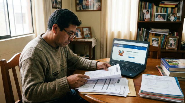 Un padre de familia revisando documentos escolares y una computadora con el portal del Minedu para el traslado de colegio en el Perú