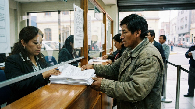Un ciudadano peruano entregando documentos legales en una ventanilla de la Sunarp para inscribir una sucesión intestada