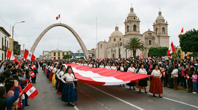 Mujeres tacneñas vestidas de gala cargando una gran bandera peruana durante la Procesión de la Bandera en el Paseo Cívico de Tacna