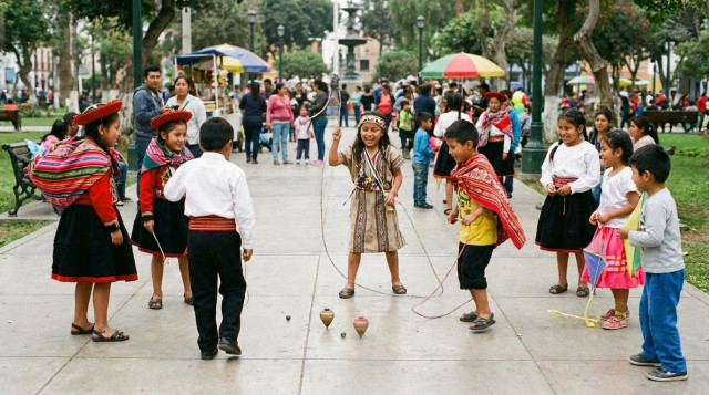 Niños peruanos de diversas regiones celebrando el Día del Niño en el Perú con juegos tradicionales y sonrisas en un parque público