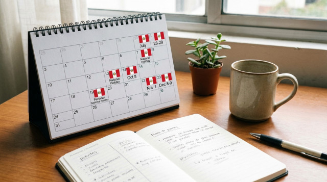 calendario de escritorio abierto mostrando feriados nacionales del Perú con banderita peruana y una libreta de planificación