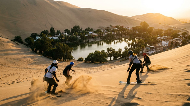 Turistas deslizándose en tablas de sandboarding por una duna gigante con el oasis de la Huacachina al fondo durante el atardecer