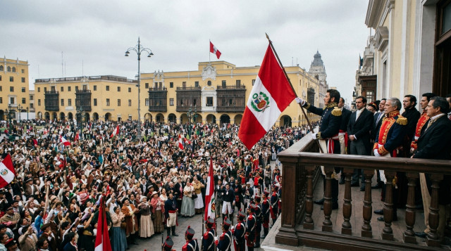 Don José de San Martín proclamando la independencia del Perú en la Plaza de Armas de Lima rodeado de la multitud