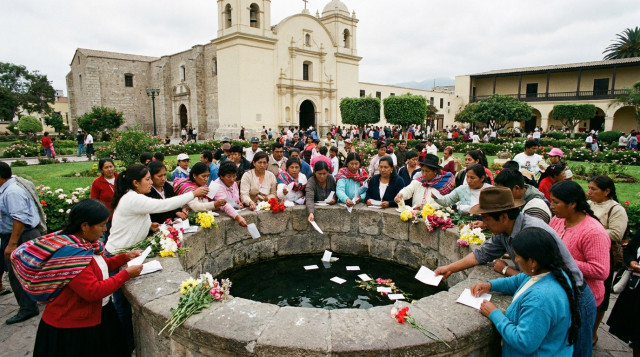 Fieles depositando cartas en el Pozo de los Deseos en el Santuario de Santa Rosa de Lima durante el feriado del 30 de agosto
