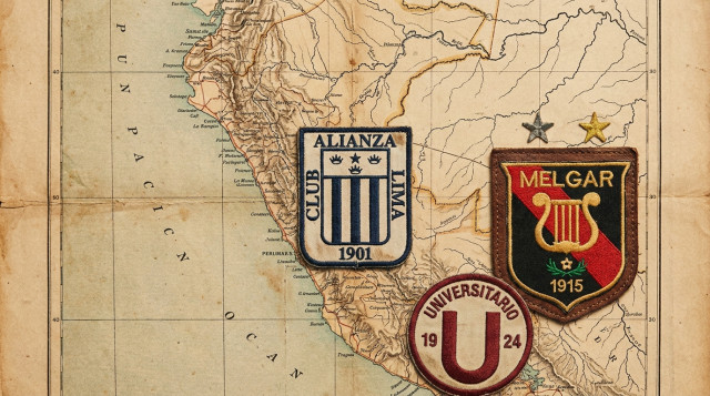 Un collage que muestra los escudos antiguos de Alianza Lima, Universitario y Melgar sobre un fondo de un mapa antiguo del Perú