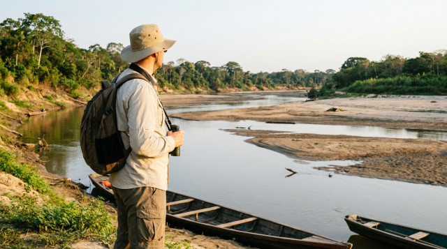 Turista con mochila y ropa ligera observando el río Amazonas durante la mejor época para viajar a la selva peruana