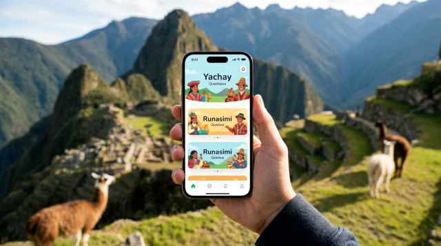 Una mano sosteniendo un smartphone moderno que muestra una aplicación educativa con palabras en quechua y gráficos coloridos, con un fondo desenfocado de un paisaje andino peruano
