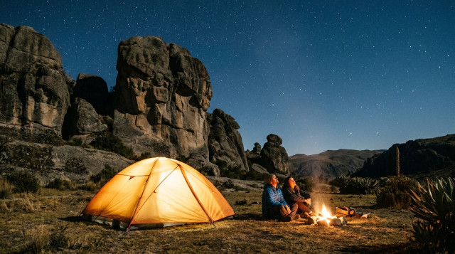 Una tienda de campaña iluminada bajo un cielo estrellado en la meseta de Marcahuasi con formaciones rocosas de fondo