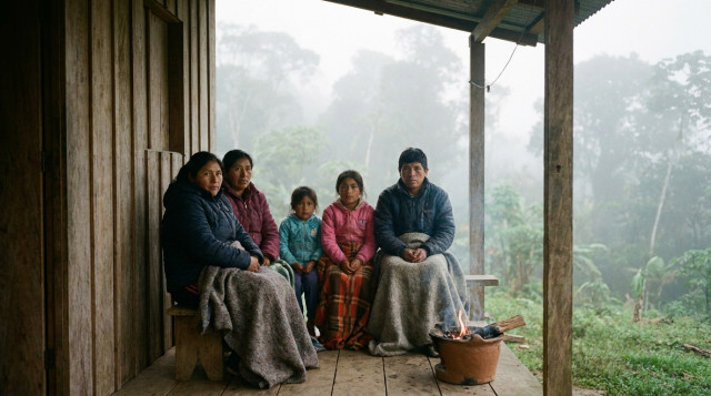 Una familia en la selva peruana usando casacas y mantas frente a una casa de madera con neblina de fondo