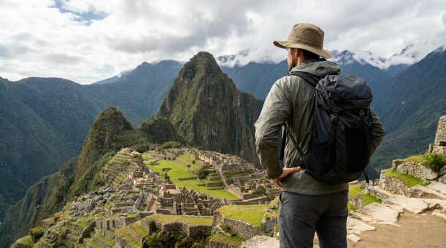 Un viajero con casaca cortavientos, mochila de trekking y sombrero de ala ancha contemplando la ciudadela de Machu Picchu bajo un cielo parcialmente nublado