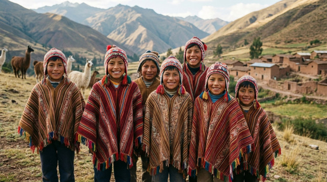 Un grupo de niños peruanos en un entorno rural andino, sonriendo y vistiendo ponchos tradicionales, simbolizando la continuidad de la identidad cultural a través de sus nombres que