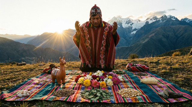 Un sacerdote andino realizando una ofrenda de flores, hojas de coca y semillas sobre una manta tradicional colorida frente a las montañas de los Andes peruanos durante el atardecer